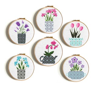 Floral Cross Stitch Pattern Set, Tulips, Violet and orchid in a geometric pots, Pink flowers embroidery, PDF Instant Download