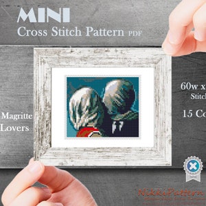 Mini cross stitch pattern Modern tiny art - The Lovers by René Magritte Small famous artwork Mini hand embroidery PDF pattern Love Kiss