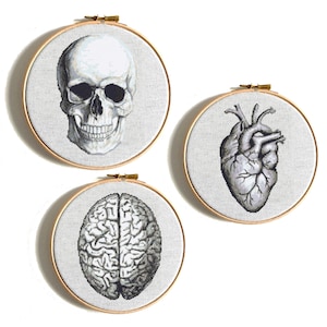 Skull cross stitch pattern, Brain cross stitch, Funny anatomy cross stitch, Human heart embroidery, Scary cross stitch PDF, Instant download