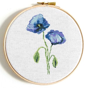 Poppy flower modern cross stitch pattern PDF Blue poppies watercolor cross stitch bundle Floral counted cross stitch Easy Poppy flower chart image 8