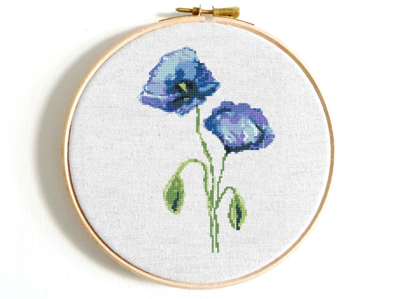 Poppy flower modern cross stitch pattern PDF Blue poppies watercolor cross stitch bundle Floral counted cross stitch Easy Poppy flower chart image 8