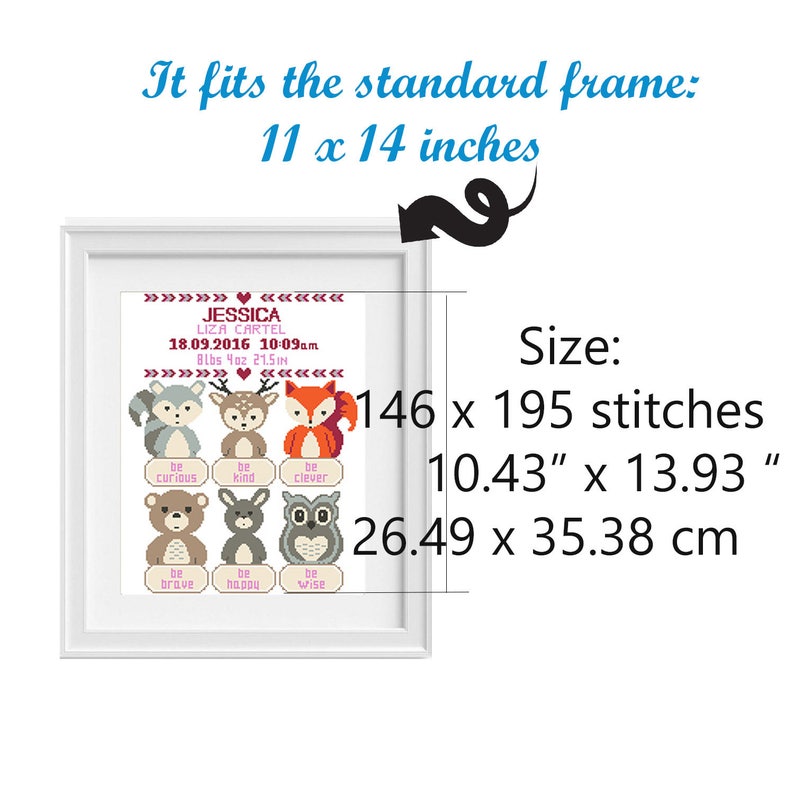 Birth announcement cross stitch pattern New Baby Girl Personalized Baby Shower Birth Sampler Fox cross stitch Baby cross stitch Be clever