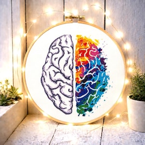 Brain cross stitch pattern, Human colorful brain, Abstract embroidery design. Funny modern anatomy decor, Instant download PDF
