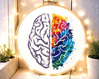 Patrón de punto de cruz de cerebro, cerebro humano colorido, diseño de bordado abstracto. Divertida decoración anatómica moderna, descarga instantánea en PDF.