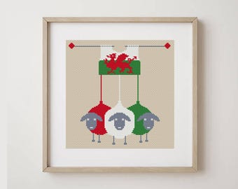 Cute sheep cross stitch pattern, Welsh flag, Funny sheep with symbol, Modern animal cross stitch, Easy x-stitch, Colorful sheep, Digital