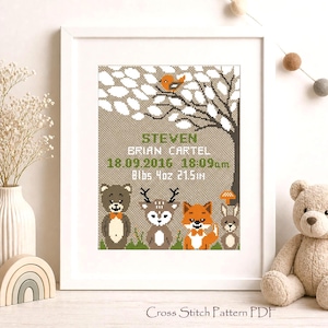 Birth Announcement Cross Stitch Pattern, DIY Personalized Baby Name, Cute Fox, Bear and Rabbit, Nursery Decor, Digital Download PDF