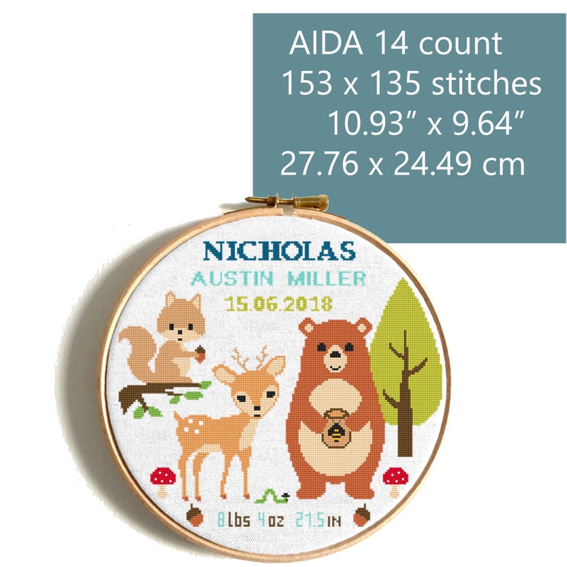 Birth Announcement Cross Stitch Pattern Woodland Animals Etsy