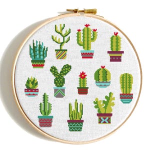 Cactus cross stitch pattern, Cacti Botanical embroidery, Mini floral in pots, Home Plant, Geometric pots, Digital Instant download PDF
