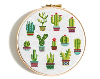 Cactus kruissteekpatroon, cactussen botanisch borduurwerk, mini bloemen in potten, huisplant, geometrische potten, digitale Instant download PDF