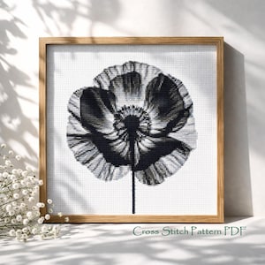 May include: A framed cross-stitch pattern of a poppy flower in monochrome. The design shows intricate shading and a central seed pod. The text "Cross Stitch Pattern PDF" is displayed at the bottom of the image.