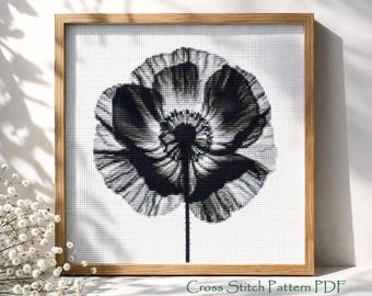 Poppy cross stitch pattern, Monochrome floral, Poppies embroidery, Wildflower nature wall design, Digital Instant download PDF