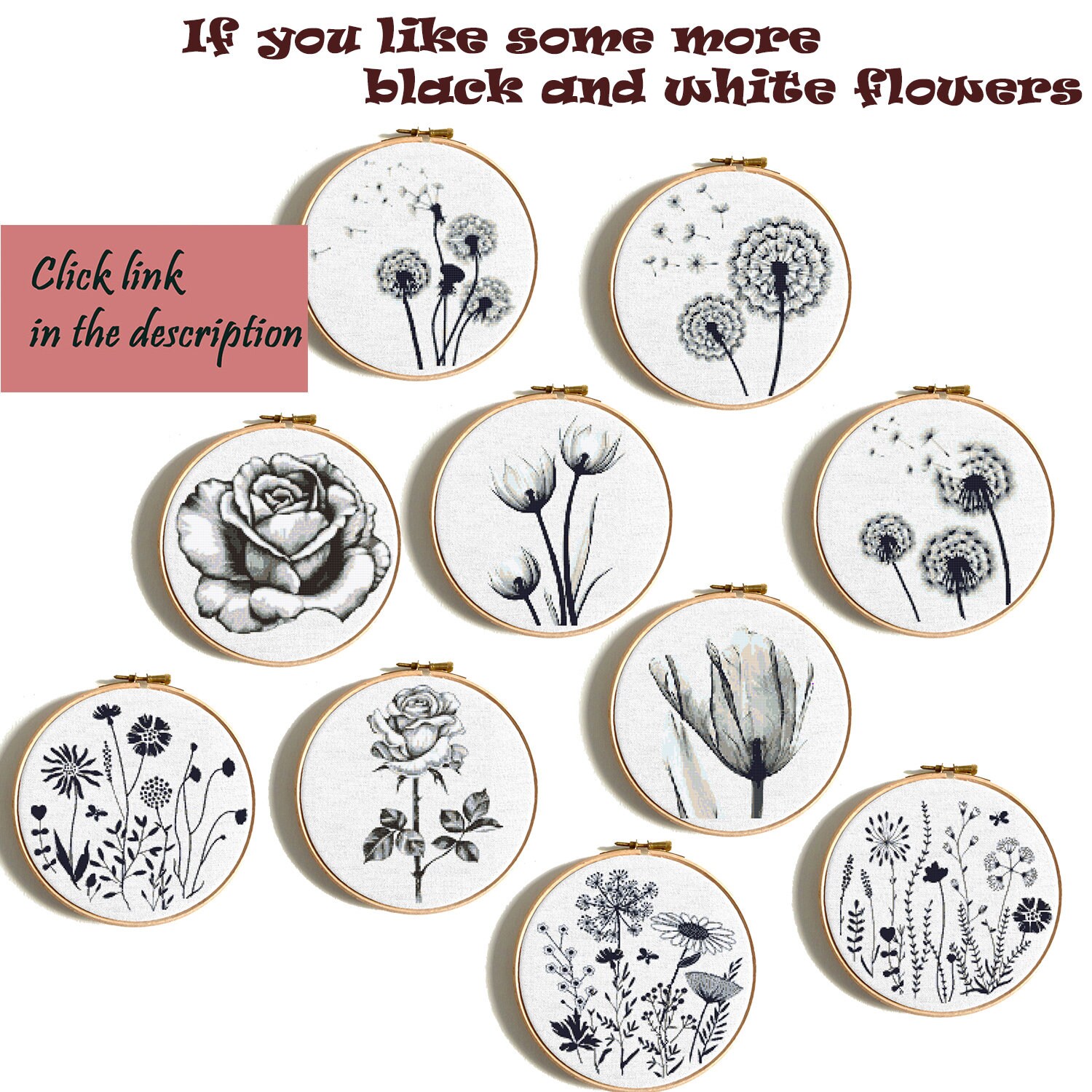 タンポポのクロスステッチパターン、初心者向けの簡単なPDF、花柄