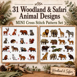 Può includere: Una collezione di 31 disegni di animali del bosco e safari presentati come un mini set di schemi a punto croce. L'immagine mostra due griglie incorniciate con illustrazioni pixelate di vari animali tra cui cervo, volpe, orso, leone ed elefante.