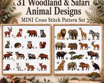 Woodland and  Safari Animal Cross Stitch Pattern Bundle, 31 Mini Designs PDF, Forest & Safari Wildlife Set: Deer, Fox, Bear, Lion, Elephant