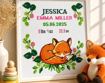 Geburtsanzeige Kreuzstichmuster, DIY personalisierte Baby Name, süße Fuchs Kinderzimmer Dekoration, einfacher digitaler Download PDF