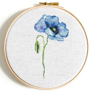 Poppy flower modern cross stitch pattern PDF Blue poppies watercolor cross stitch bundle Floral counted cross stitch Easy Poppy flower chart image 9