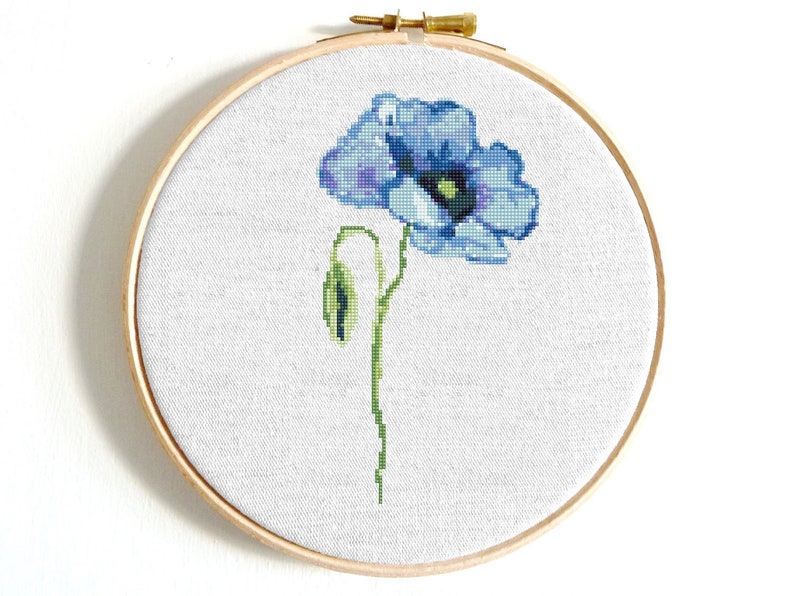 Poppy flower modern cross stitch pattern PDF Blue poppies watercolor cross stitch bundle Floral counted cross stitch Easy Poppy flower chart image 9