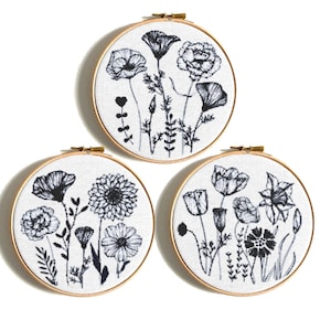 Modern flowers bouquets cross stitch pattern, Black and white wildflowers, Rose, poppies, daisies, and daffodils, Instant download