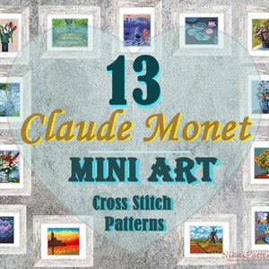 Mini art Cross Stitch Patterns Bundle Mini flowers Monet masterpieces Hand embroidery Modern cross stitch Tiny famous paintings PDF