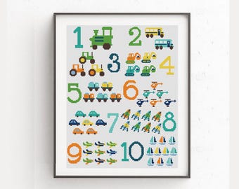 Baby cross stitch pattern PDF, Numbers with trucks, car, tractor, airplane, helicopter, bus, sailboat, backhoe, truck, spaceship, Easy chart
