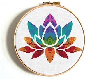Lotus Cross stitch patterns Modern cross stitch Mandala Counted cross stitch Silhouette Hoop Art Watercolor Lotus Flower Yin Yang Yoga