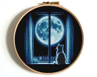 Funny cat cross stitch pattern, Moon and cat X-ray cross stitch, Kitten sitting in the window, Unique embroidery pattern, Instant download