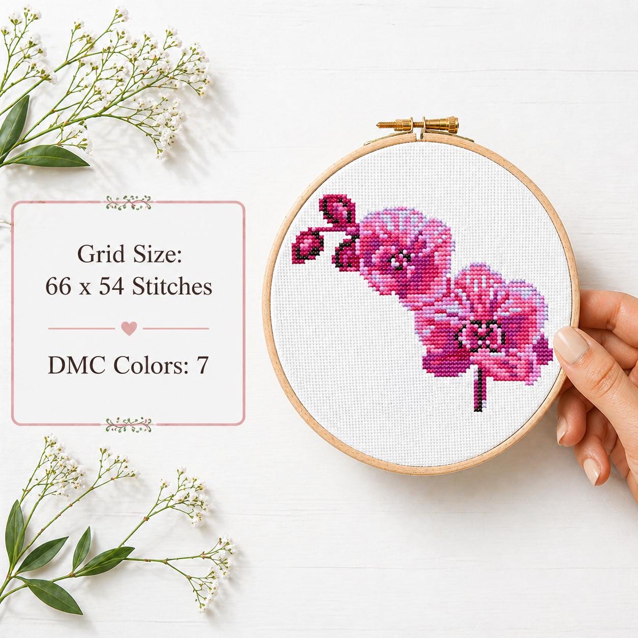 ミニオーキッドクロスステッチパターンPDF、小さな花の刺繍図案、簡単