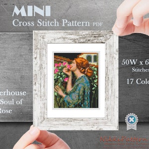 Mini cross stitch pattern Modern tiny art - The Soul of the Rose - by Waterhouse Small famous artwork Mini embroidery PDF