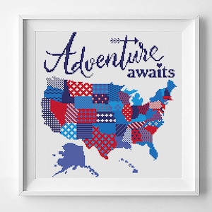 A cross stitch pattern of the United States of America with the words 'Adventure awaits' above it. The map is made up of blue and white squares. The pattern is for Aida 14 count fabric and uses 8 colors. The pattern is 129 stitches wide and 140 stitches tall. The pattern is 9.21 inches wide and 10.00 inches tall. The pattern is 23.40 centimeters wide and 25.40 centimeters tall.