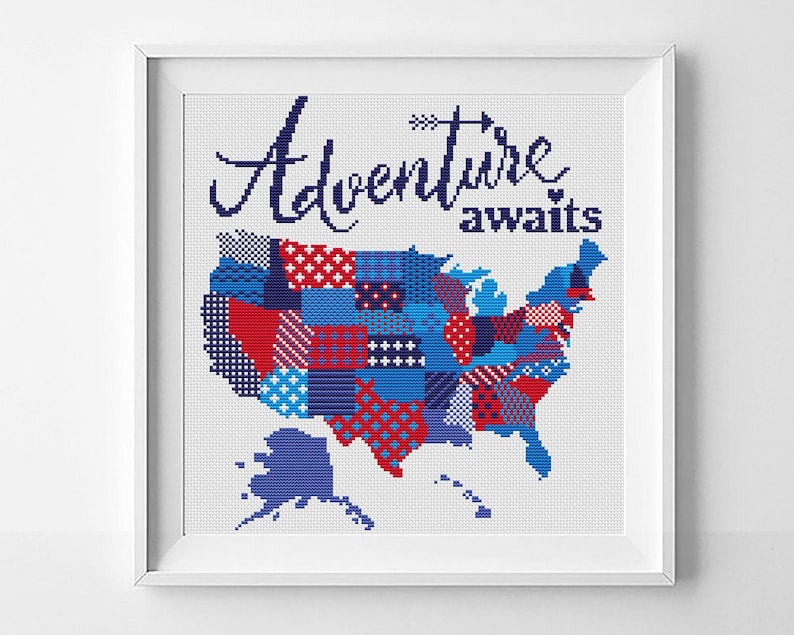 A cross stitch pattern of the United States of America with the words 'Adventure awaits' above it. The map is made up of blue and white squares. The pattern is for Aida 14 count fabric and uses 8 colors. The pattern is 129 stitches wide and 140 stitches tall. The pattern is 9.21 inches wide and 10.00 inches tall. The pattern is 23.40 centimeters wide and 25.40 centimeters tall.
