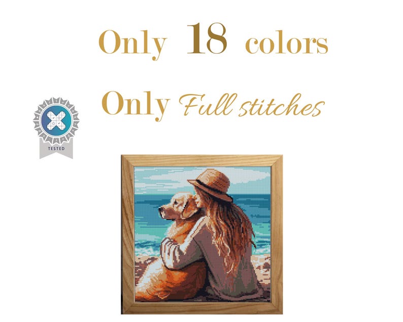 May include: A framed cross-stitch picture of a person and a golden retriever dog on a beach. The image is in a wooden frame. The text above the image says "Only 18 colors" and "Only Full stitches".