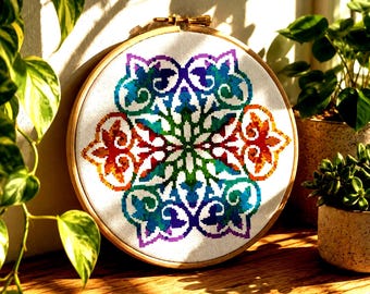 Farbenfrohes Mandala-Kreuzstichmuster, moderne geometrische Stickerei (PDF). Regenbogenblumen, Boho-Wanddeko – Sofort-Download-Vorlage