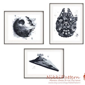 movie star Cross Stitch pattern Inspired by Millennium Falcon, Death Star, Star Destroyer, Modern cross stitch Embroidery PDF pattern Funny