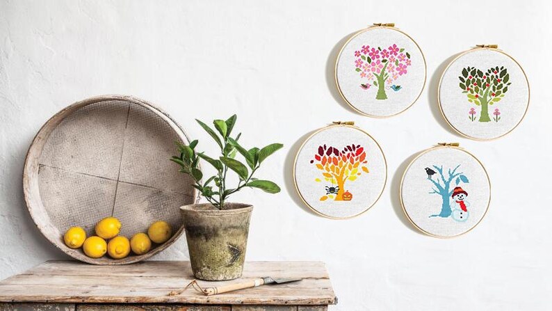 Modern cross stitch pattern Four Seasons Tree Counted cross stitch Set Funny cross stitch Heart Modern embroidery Cool cross stitch Beginner
