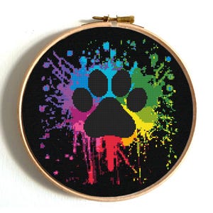 Paw Cross Stitch Pattern, Rainbow dog paw silhouette design, Colorful watercolor modern embroidery, Digital instant download PDF