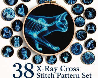 38 X-Ray Cross Stitch Patterns, Skeleton Anatomy Bundle, Gothic Cat & Animal Embroidery PDF, Medical Embroidery, Instant Download