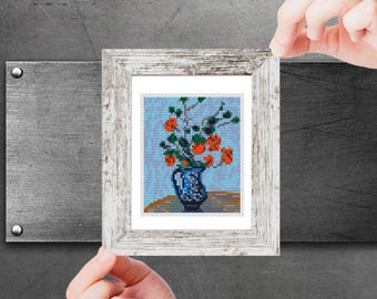 Mini Cross Stitch Pattern art - Nasturtiums in a Blue Vase by Claude Monet Famous painting cross stitch PDF pattern Small Tiny Miniature art