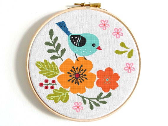 Bird Cross Stitch Pattern Modern Cross Stitch Flower Cross Stitch Floral  Counted Cross Stitch PDF Animal Cross Stitch Chart Easy Crossstitch 