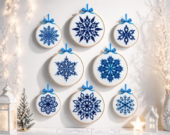 Blue Snowflake Cross Stitch Pattern Set, 8 Mini Christmas Designs, DIY for Kids, Embroidery PDF, Instant Download