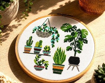 Plant cross stitch pattern, Cacti Botanical embroidery, Mini floral in pots, Home Plant, Geometric pots, Digital Instant download PDF