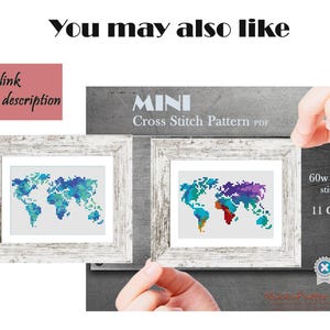 World map cross stitch pattern, Silhouette of world, Watercolor world map, Counted x stitch PDF pattern, Instant download image 5