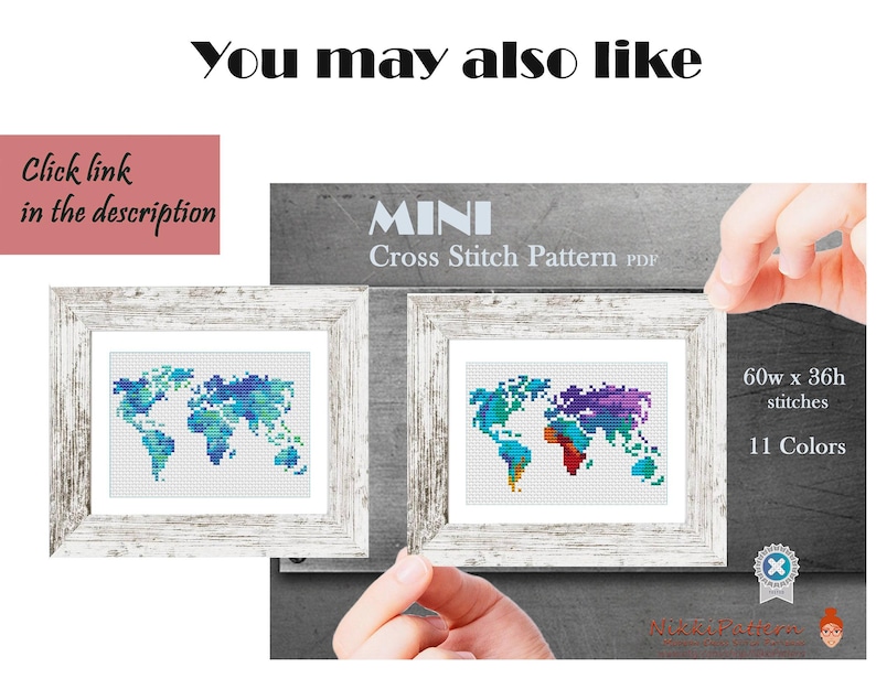 World map cross stitch pattern, Silhouette of world, Watercolor world map, Counted x stitch PDF pattern, Instant download image 5