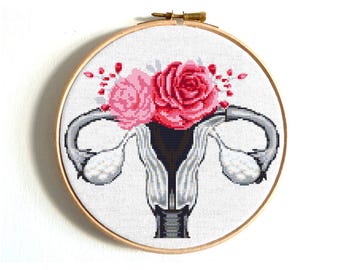 Floral Uterus cross stitch pattern, Human Anatomy x-stitch, Rose embroidery design, Female gender symbol, Digital instant download PDF