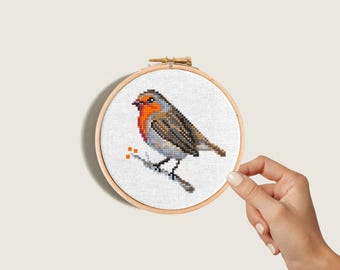 Mini cross stitch pattern PDF, Robin Bird, Cute Singing bird, modern cross stitch ,Instant download