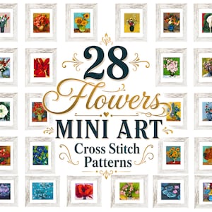 28 Mini Floral Art Cross Stitch Patterns PDF, Famous Painting Bundle, Instant Download