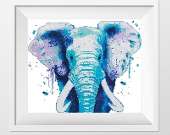Blue Elephant Cross Stitch Pattern Watercolor cross stitch Animals Counted cross stitch chart Rainbow cross stitch PDF download Coupon code