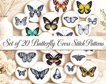 Butterflies cross stitch pattern, Mini colorful and monochrome butterfly, Set of 20 embroidery pattern, Instant download PDF