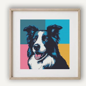 Patrón de punto de cruz de un border collie, retrato de perro pop art (descarga digital)