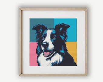 Border Collie Cross Stitch Pattern, Pop Art Dog Portrait (Digital Download)