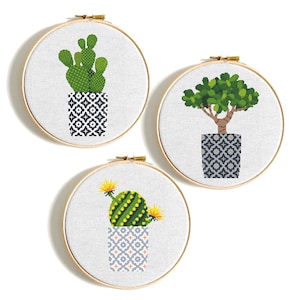 Cactus cross stitch Pattern PDF Minimalist modern cross stitch set 3 Cacti Succulent cross stitch chart PDF Instant download image 1